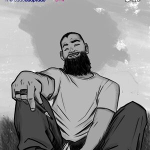 Ilustração mesclando as cores preta e branca e no topo estão os logos do Mercado Adaptado, B ao Cubo, Deficiência em Foco e do Kaiju Venenoso Studio. Em toda extensão da página está um desenho representando o Antonio, um homem branco, cabelo raspado, barba comprida, vestindo uma calça jeans azul, tênis preto e camisa cinza. Na mão direita ele segura um caderno. No topo estão os textos “Antonio Silva” e abaixo o título do livro “Sentado tu é normal e outras crônicas”.